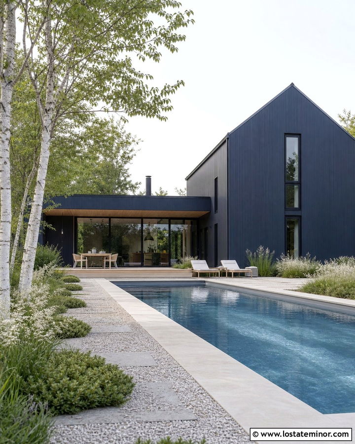 Midnight Blue Scandinavian House With Pool And Light Wood - 30 Midnight Blue House Design With Swimming Pool Ideas