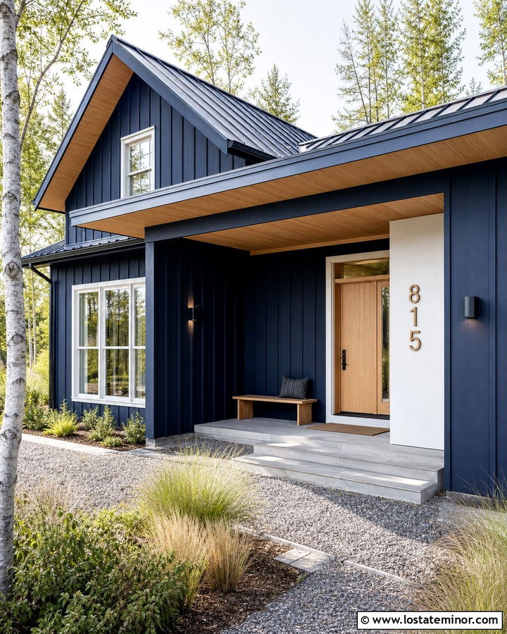 Midnight Blue Scandinavian House With Wood Numbers - 30 Midnight Blue House Design With House Numbers Ideas