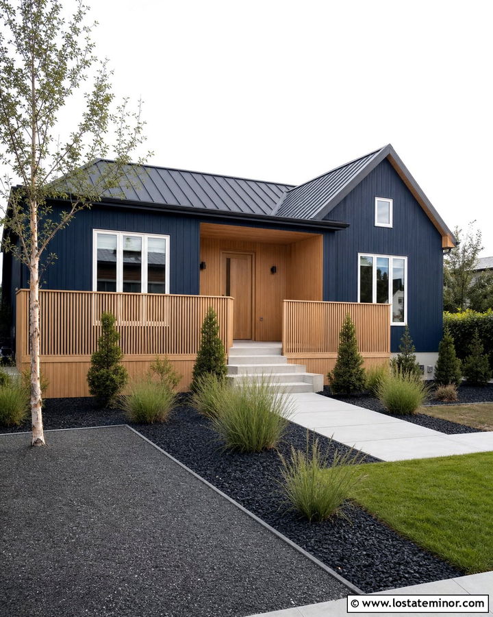 Midnight Blue Scandinavian House With Wood Slat Railings - 30 Midnight Blue House Design With Railings Ideas