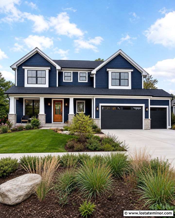 Midnight Blue Shingle House With Black Garage Doors - 30 Midnight Blue House Design With Shingles Ideas