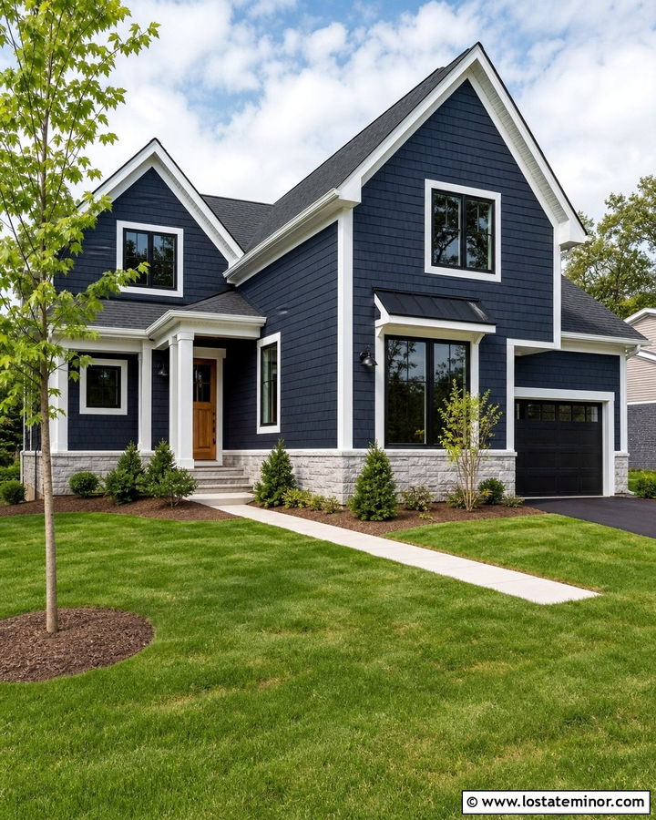 Midnight Blue Shingle House With Black Roof - 30 Midnight Blue House Design With Shingles Ideas