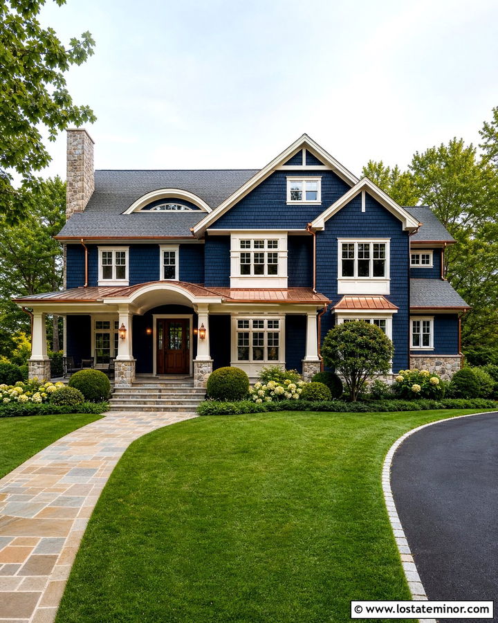 Midnight Blue Shingle House With Copper Gutters - 30 Midnight Blue House Design With Shingles Ideas