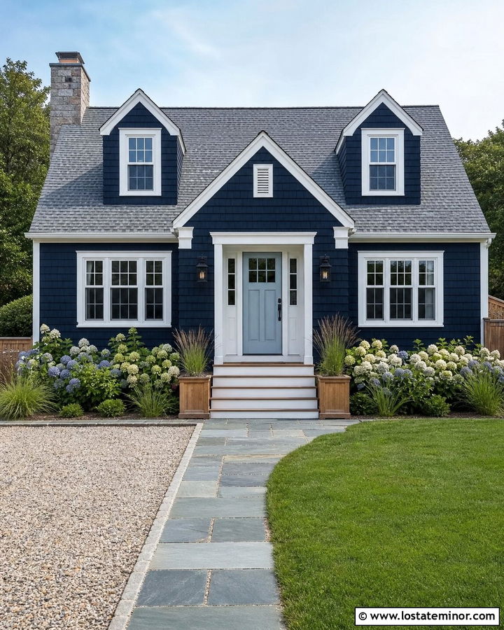 Midnight Blue Shingle House With Light Blue Door - 30 Midnight Blue House Design With Shingles Ideas