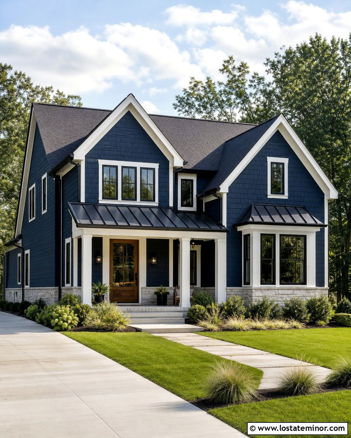 Midnight Blue Shingle House With Metal Roof Accents - 30 Midnight Blue House Design With Shingles Ideas