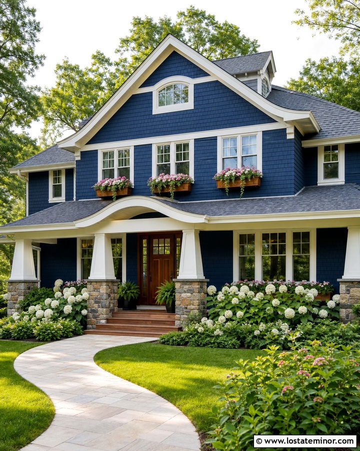 Midnight Blue Shingle House With Natural Window Boxes - 30 Midnight Blue House Design With Window Boxes Ideas