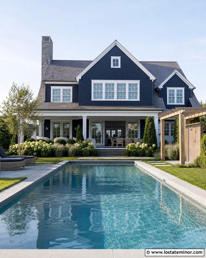 Midnight Blue Shingle House With Pool And Cedar Accents - 30 Midnight Blue House Design With Swimming Pool Ideas