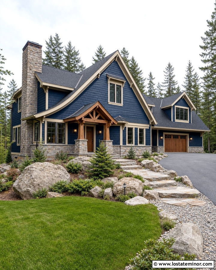 Midnight Blue Shingle House With Stone Chimney - 30 Midnight Blue House Design With Shingles Ideas