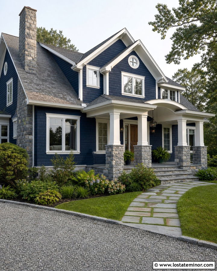 Midnight Blue Shingle House With Stone Porch Columns - 30 Midnight Blue House Design With Porch Columns Ideas