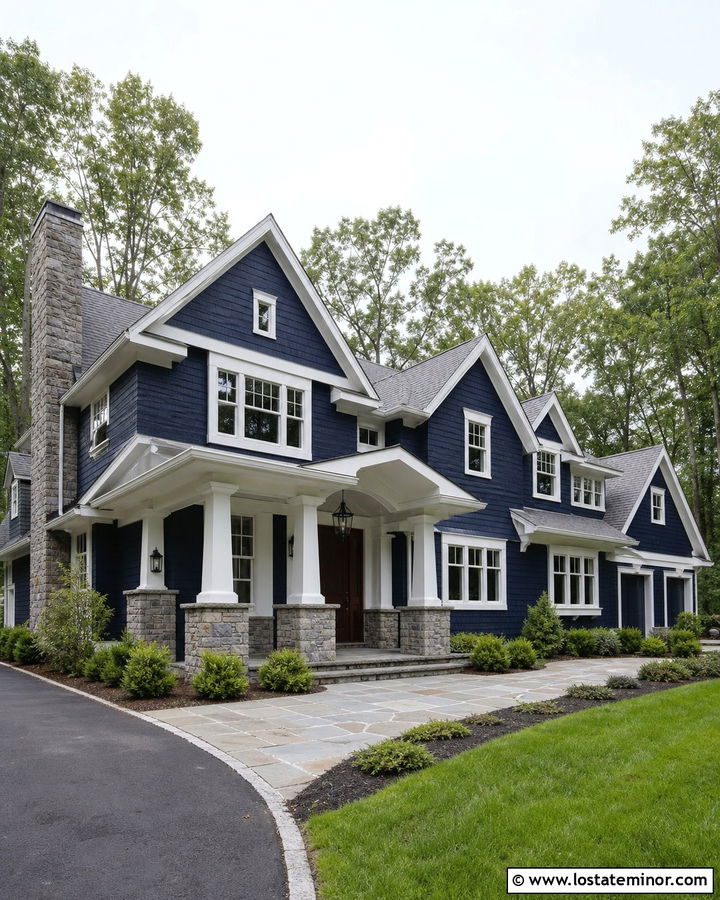 Midnight Blue Shingle House With Stone Portico - 30 Midnight Blue House Design With Portico Ideas