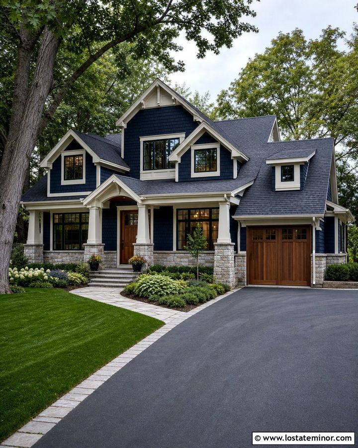 Midnight Blue Shingle House With Stone Veneer - 30 Midnight Blue House Design With Shingles Ideas