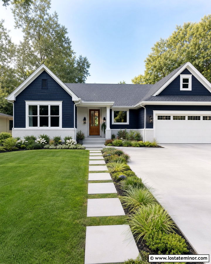 Midnight Blue Shingle House With White Brick - 30 Midnight Blue House Design With Shingles Ideas