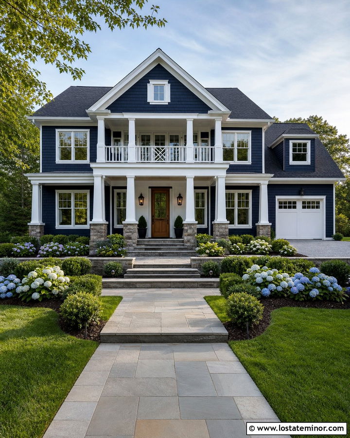 Midnight Blue Shingle House With White Columns - 30 Midnight Blue House Design With Shingles Ideas