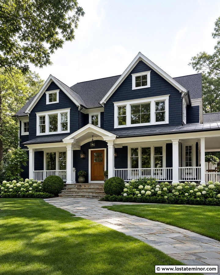 Midnight Blue Shingle House With White Trim - 30 Midnight Blue House Design With Shingles Ideas