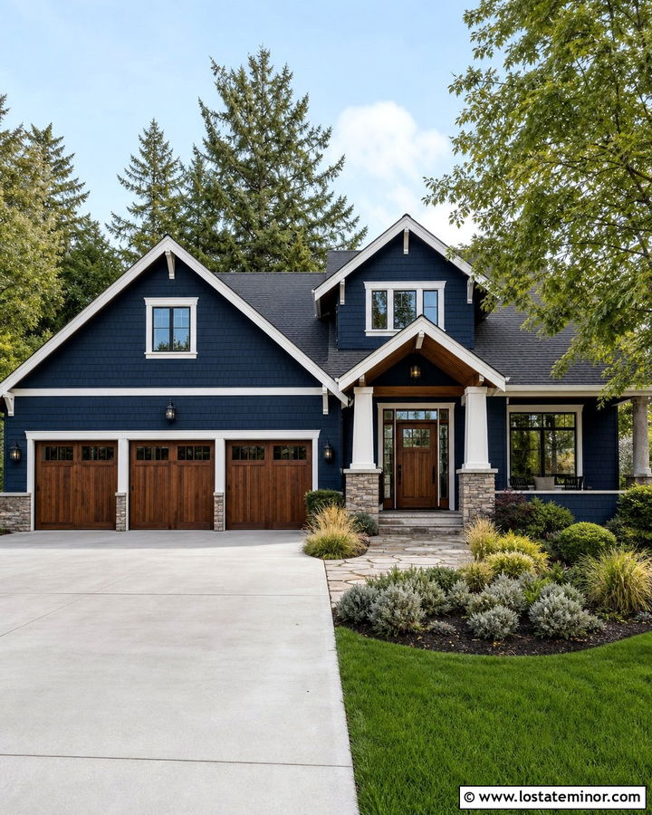 Midnight Blue Shingle House With Wood Garage Doors - 30 Midnight Blue House Design With Shingles Ideas