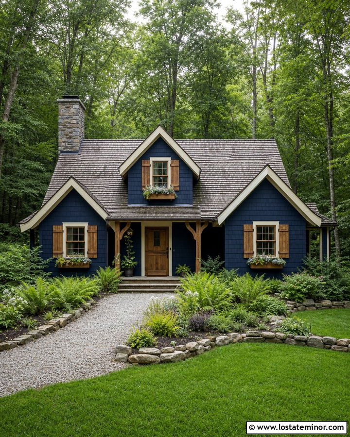 Midnight Blue Shingle House With Wood Shutters - 30 Midnight Blue House Design With Shingles Ideas
