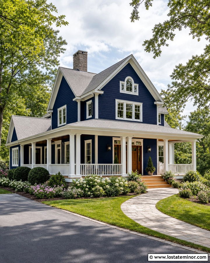 Midnight Blue Shingle House With Wraparound Porch - 30 Midnight Blue House Design With Shingles Ideas