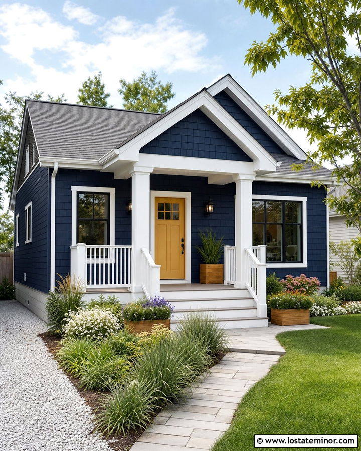 Midnight Blue Shingle House With Yellow Front Door - 30 Midnight Blue House Design With Shingles Ideas