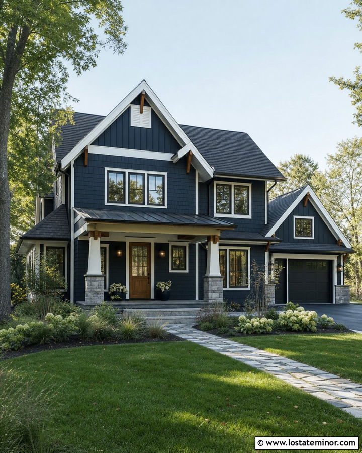 Midnight Blue Shingles With Board And Batten Gables - 30 Midnight Blue House Design With Shingles Ideas