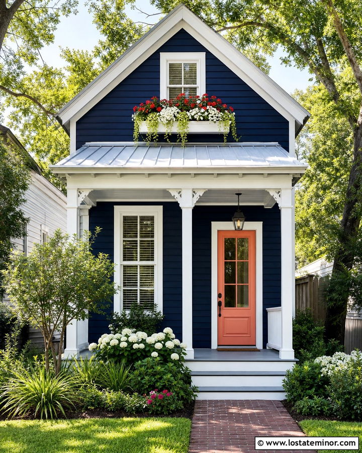 Midnight Blue Shotgun House With White Window Boxes - 30 Midnight Blue House Design With Window Boxes Ideas