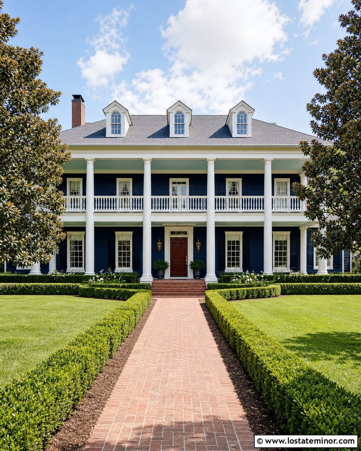Midnight Blue Southern Colonial With White Balcony Railings - 30 Midnight Blue House Design With Railings Ideas