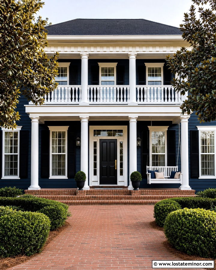 Midnight Blue Southern House With Bench Swing - 30 Midnight Blue House Design With Swing Ideas