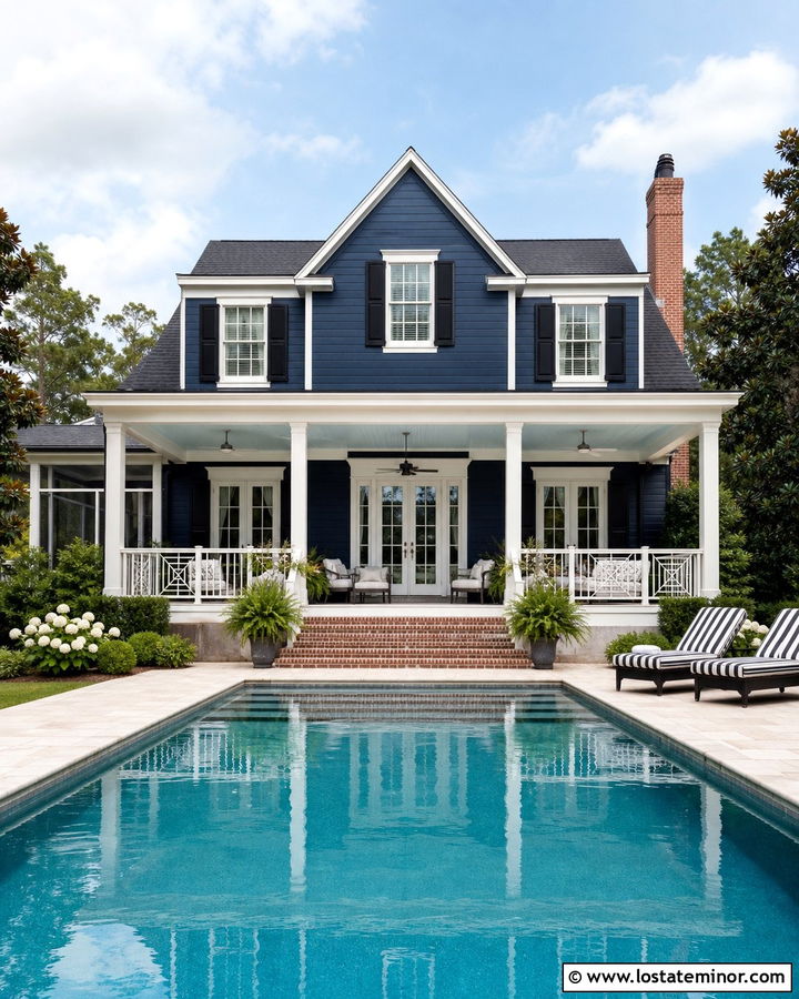 Midnight Blue Southern House With Columned Pool Porch - 30 Midnight Blue House Design With Swimming Pool Ideas