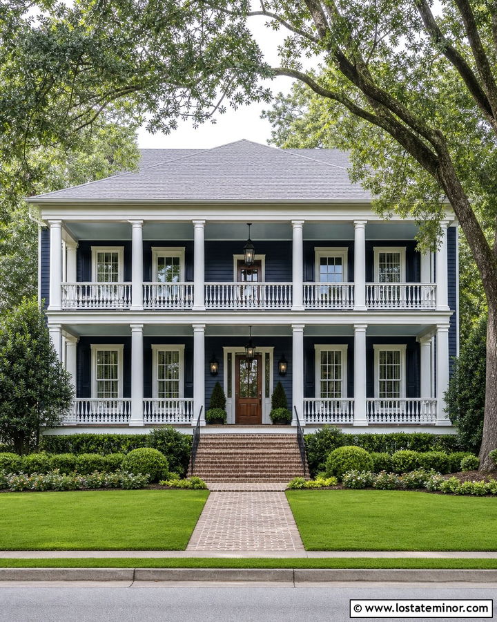 Midnight Blue Southern House With Double Porch - 30 Midnight Blue House Design With Front Porch Ideas