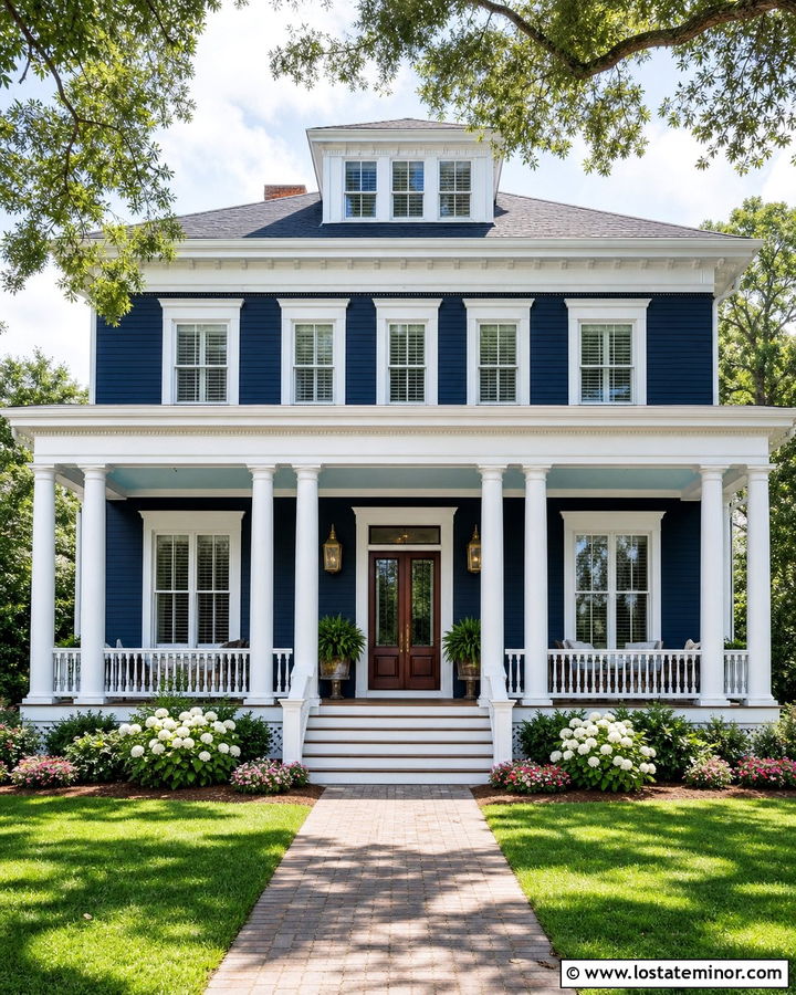 Midnight Blue Southern House With Full Height White Columns - 30 Midnight Blue House Design With Porch Columns Ideas