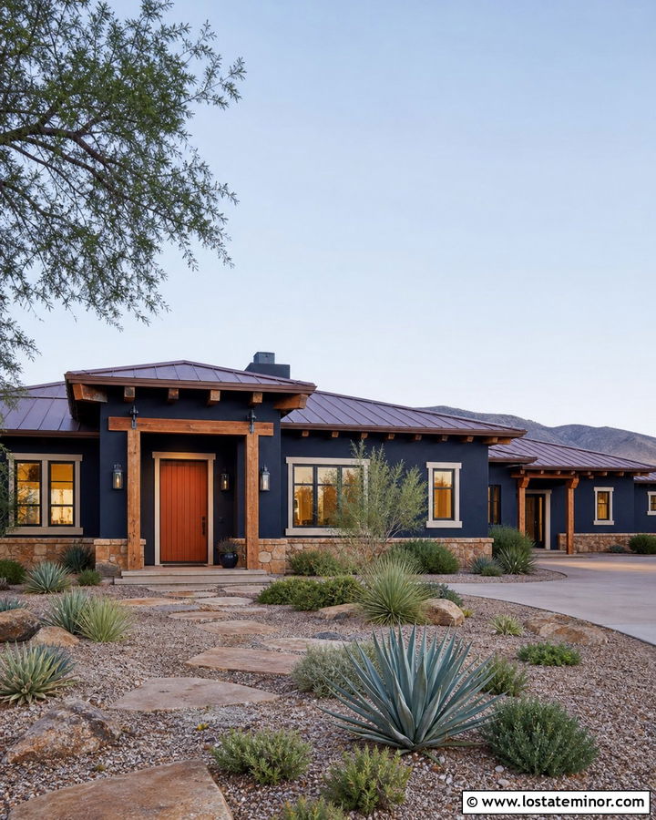 Midnight Blue Southwestern House With Terracotta Entry Door - 30 Midnight Blue House Design With Entry Door Ideas