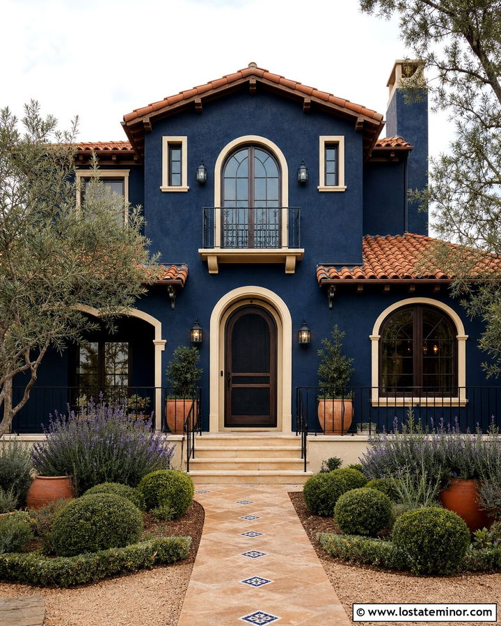Midnight Blue Spanish House With Wood Screen Door - 30 Midnight Blue House Design With Screen Door Ideas