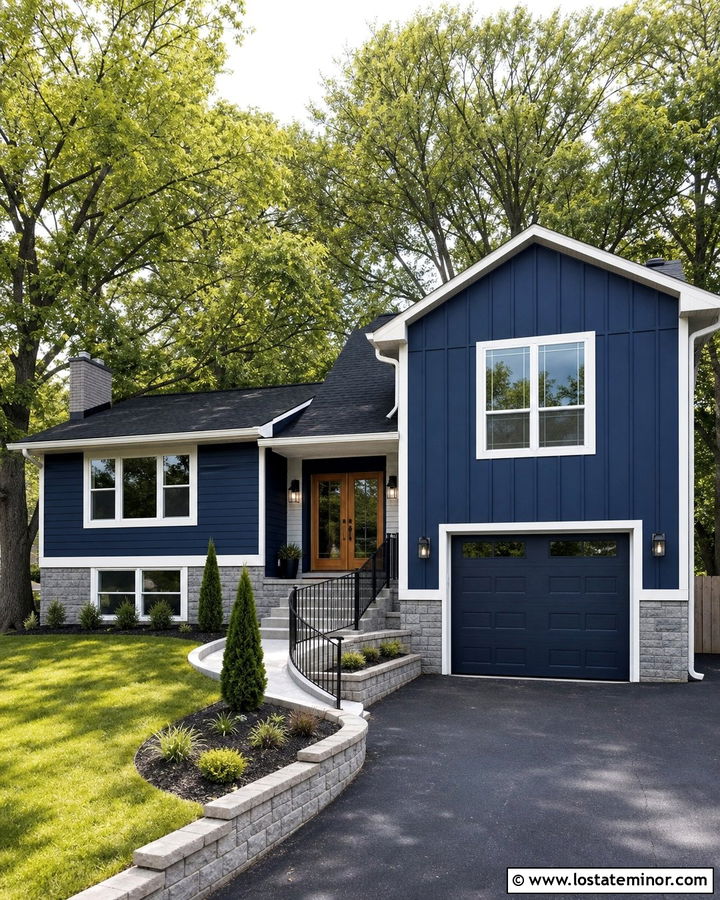 Midnight Blue Split Level Board and Batten - 30 Midnight Blue House Design With Board and Batten Ideas
