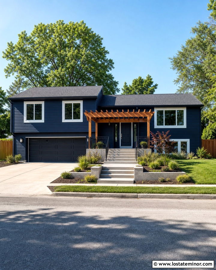 Midnight Blue Split Level House With Pergola - 30 Midnight Blue House Design With Pergola Ideas