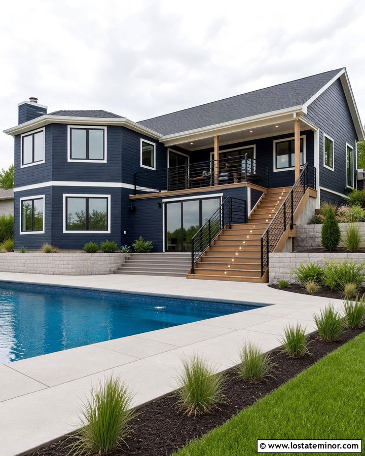 Midnight Blue Split Level House With Pool Deck - 30 Midnight Blue House Design With Swimming Pool Ideas
