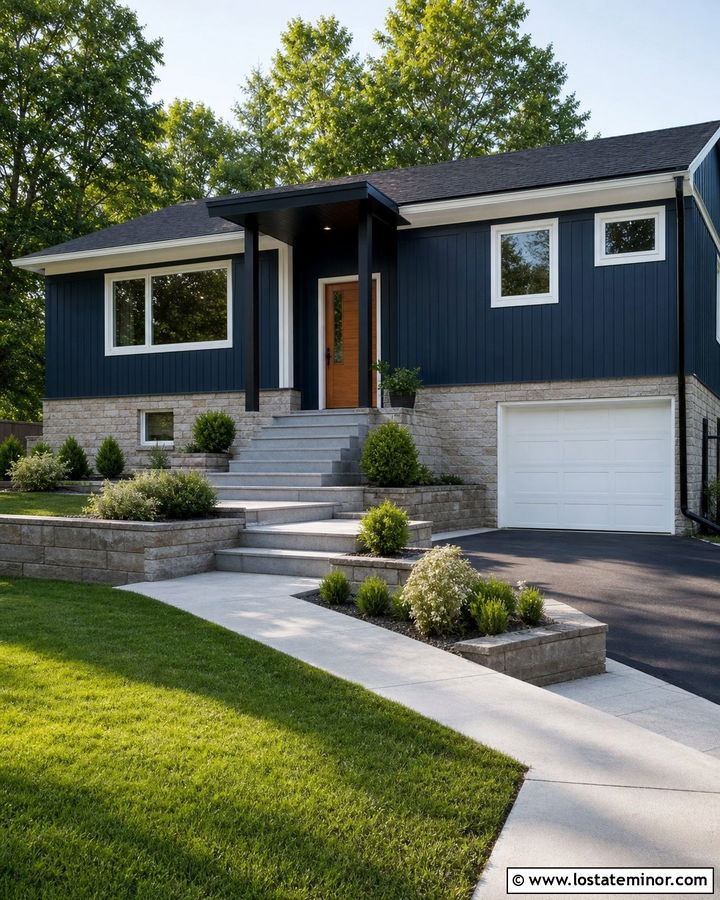 Midnight Blue Split Level House With Shed Roof Portico - 30 Midnight Blue House Design With Portico Ideas