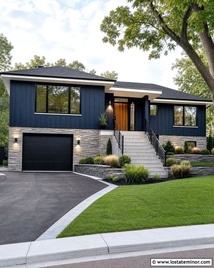 Midnight Blue Split Level With Black Geometric Railings - 30 Midnight Blue House Design With Railings Ideas