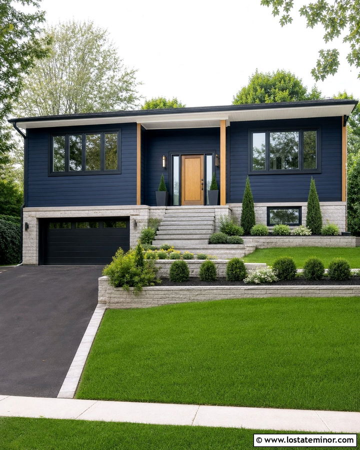 Midnight Blue Split Level With Charcoal Driveway - 30 Midnight Blue House Design With Driveway Ideas