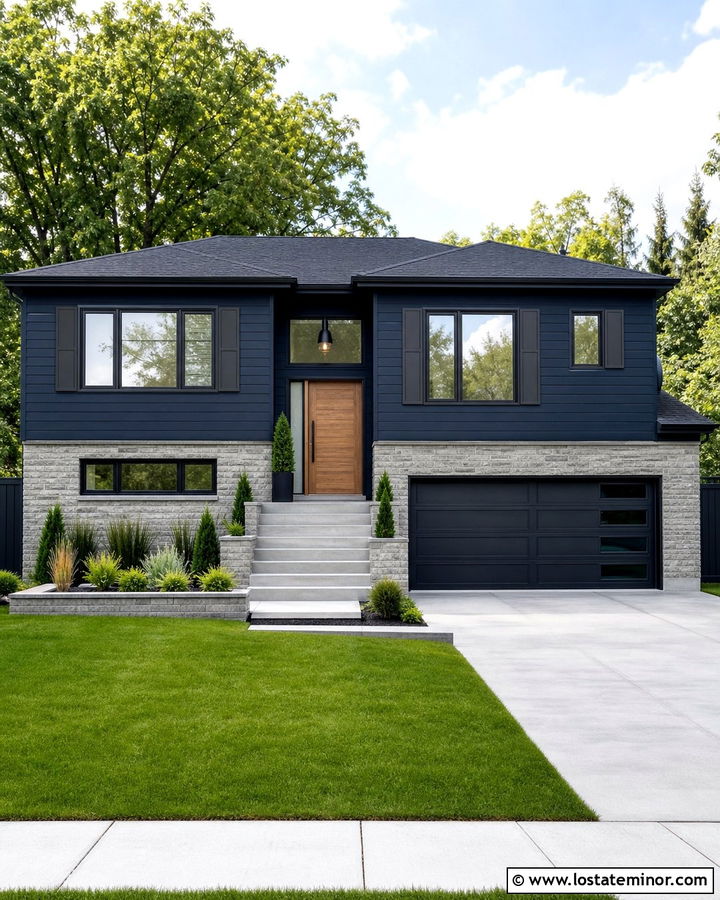 Midnight Blue Split Level With Charcoal Shutters - 30 Midnight Blue House Design With Shutters Ideas