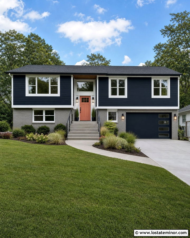 Midnight Blue Split Level With Coral Entry Door - 30 Midnight Blue House Design With Entry Door Ideas