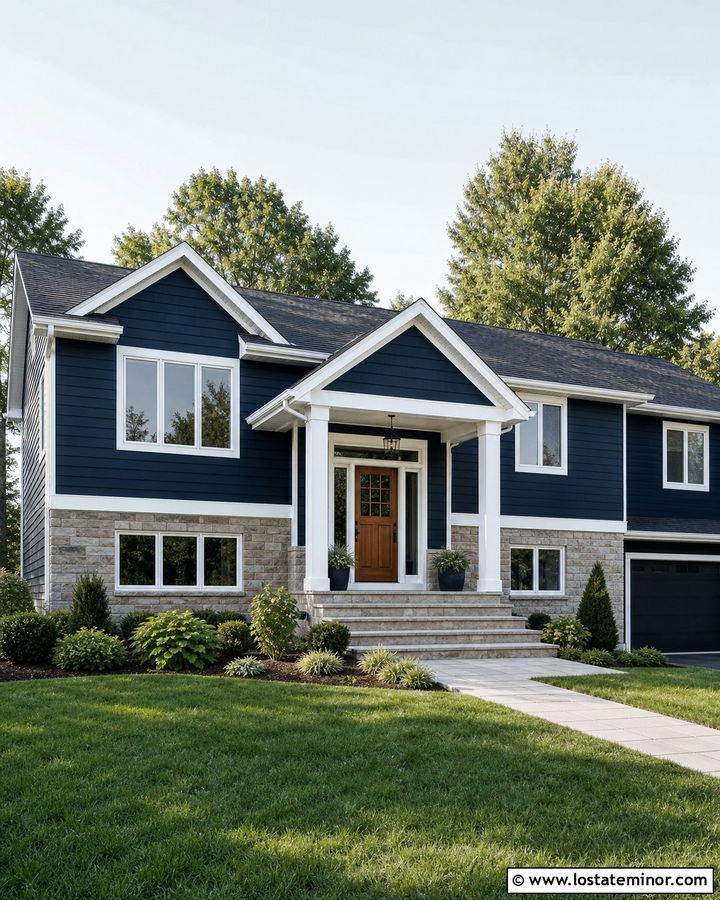Midnight Blue Split Level With Gabled Porch - 30 Midnight Blue House Design With Front Porch Ideas