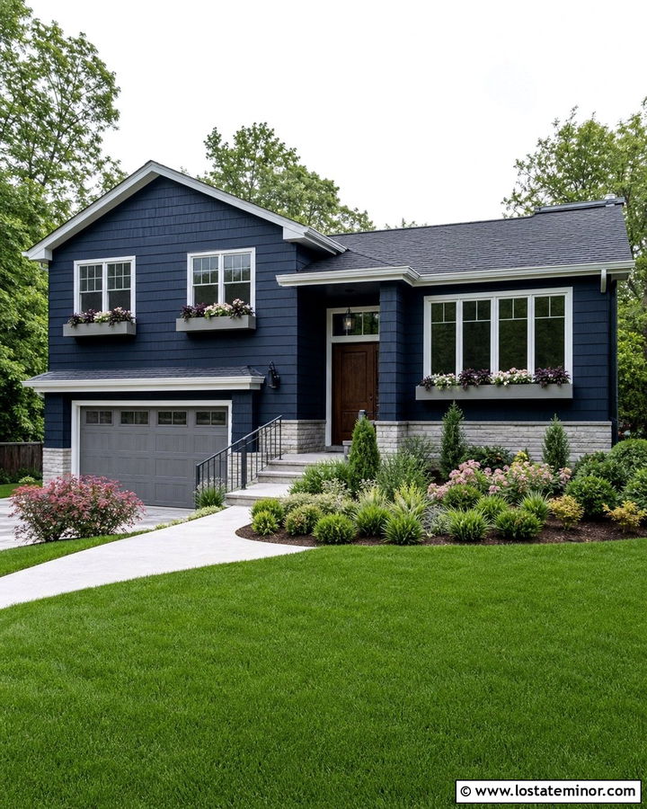 Midnight Blue Split Level With Gray Window Boxes - 30 Midnight Blue House Design With Window Boxes Ideas