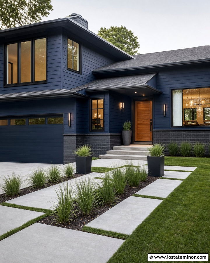 Midnight Blue Split Level With Linear Sconces - 30 Midnight Blue House Design With Lighting Ideas