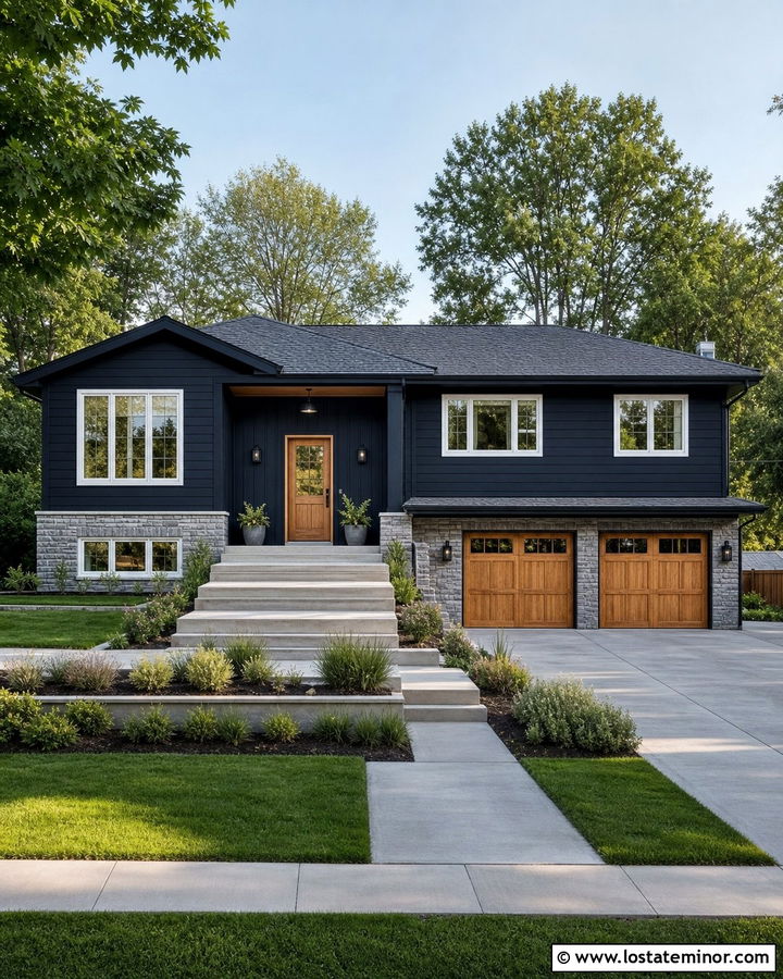 Midnight Blue Split Level With Mixed Materials - 30 Midnight Blue House Design With Accents Ideas