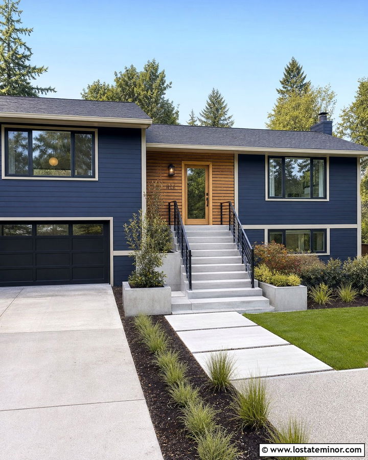 Midnight Blue Split Level With Natural Wood Screen Door - 30 Midnight Blue House Design With Screen Door Ideas
