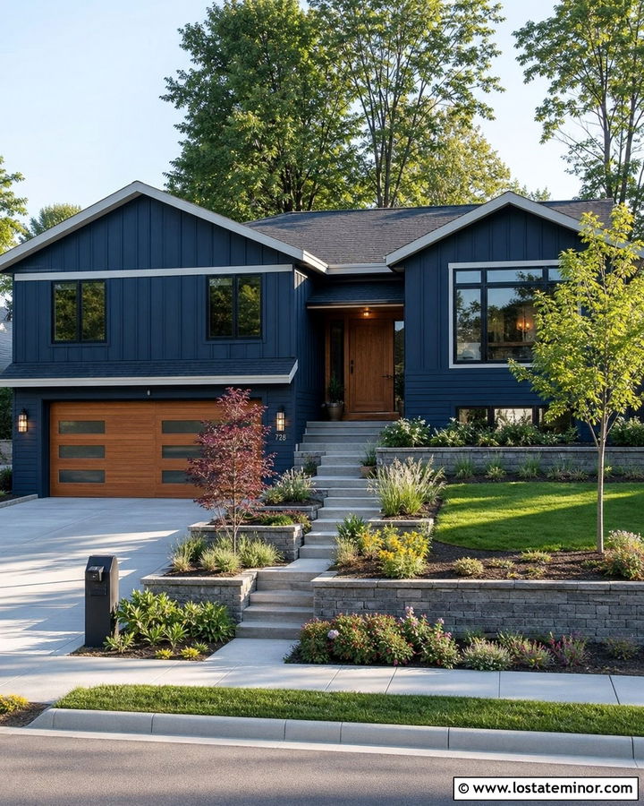 Midnight Blue Split Level With Offset Gables - 30 Midnight Blue House Design With Gables Ideas