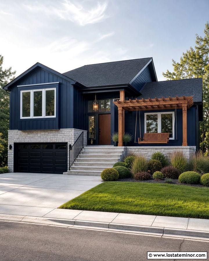 Midnight Blue Split Level With Pergola Swing - 30 Midnight Blue House Design With Swing Ideas
