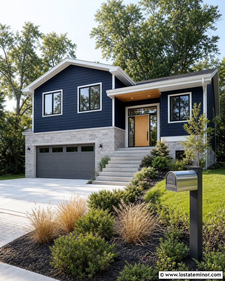 Midnight Blue Split Level With Stainless Steel Mailbox - 30 Midnight Blue House Design With Mailbox Ideas