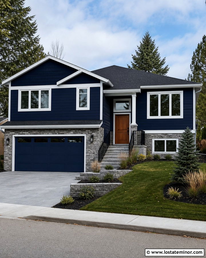 Midnight Blue Split Level With Stone Garage - 30 Midnight Blue House Design With Stone Accents Ideas
