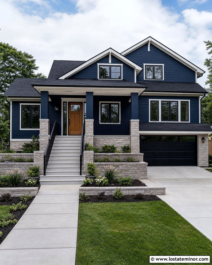 Midnight Blue Split Level With Stone Porch Columns - 30 Midnight Blue House Design With Porch Columns Ideas