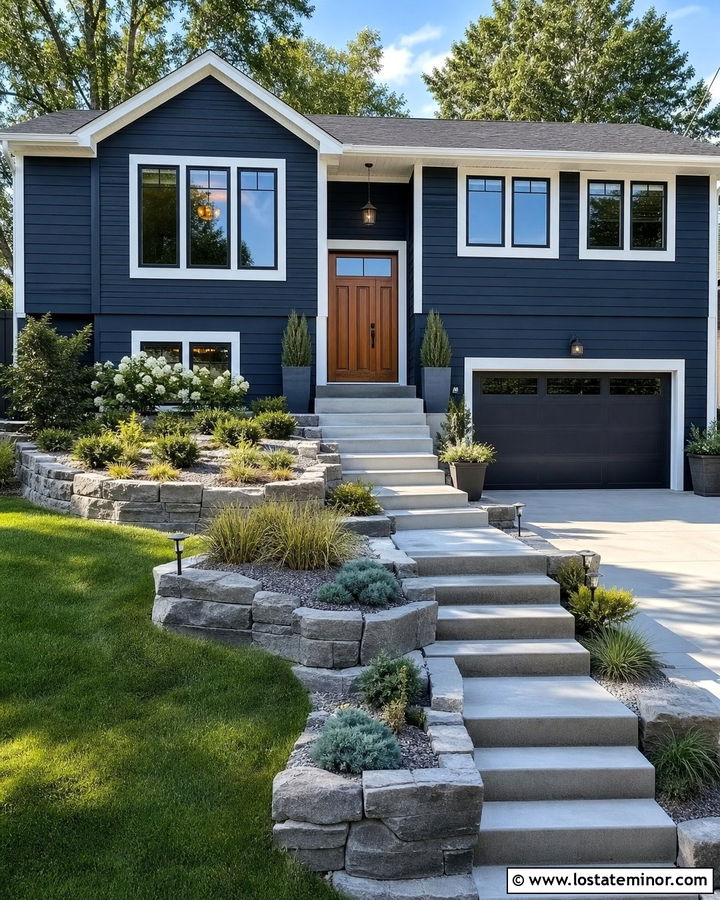 Midnight Blue Split Level With Tiered Landscaping - 30 Midnight Blue House Design With Landscaping Ideas