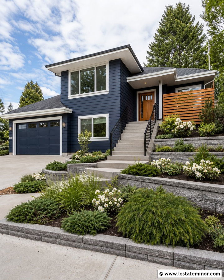 Midnight Blue Split Level With Tiered Landscaping - 30 Midnight Blue House Design With Front Yard Ideas